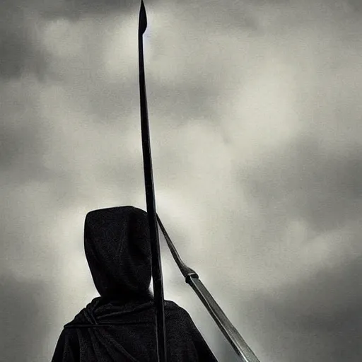 Prompt: a black figure in a grey cloak holding his black spear up to the sky, Digital art