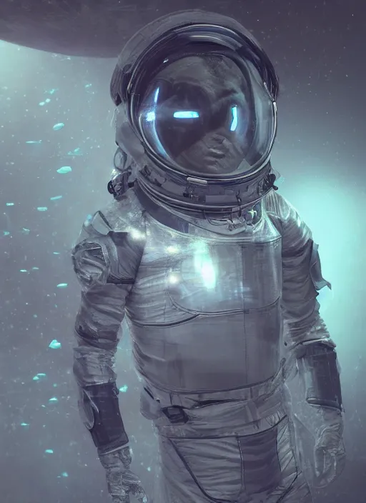 Image similar to concept art by craig mullins astronaut in futuristic dark and empty spaceship underwater. infrared glowing lights. complex and hyperdetailed technical suit. reflection and dispersion materials. rays and dispersion of light. volumetric light. 5 0 mm, f / 3 2. noise film photo. flash photography. unreal engine 4, octane render. interstellar movie art