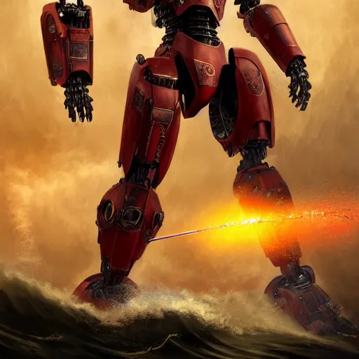 Image similar to pacific rim robot wearing shiny blood red armor holding a sword standing in the sea, full body image, steam punk, sci-fi, extremely detailed digital painting, in the style of Fenghua Zhong and Ruan Jia and Jermy lipking and peter mohrbacher, mystic colors, highly detailed, deep aesthetic, 8k, highly ornate intricate details, cinematic lighting, rich colors, digital artwork, ray tracing, hyperrealistic, photorealistic, cinematic landscape, trending on artstation,