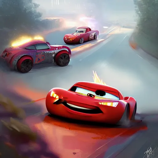 Image similar to lightning mcqueen crash in heavily by greg rutkowski