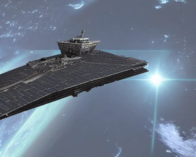 Prompt: an imperial star destroyer in earth orbit, by cameldeath