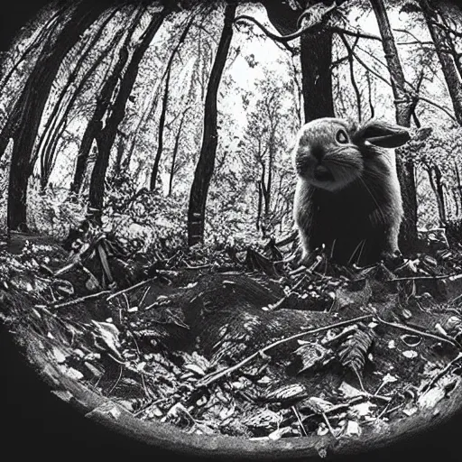 Image similar to fish eye footage of a death rabbit with human face in the forest, black and white night