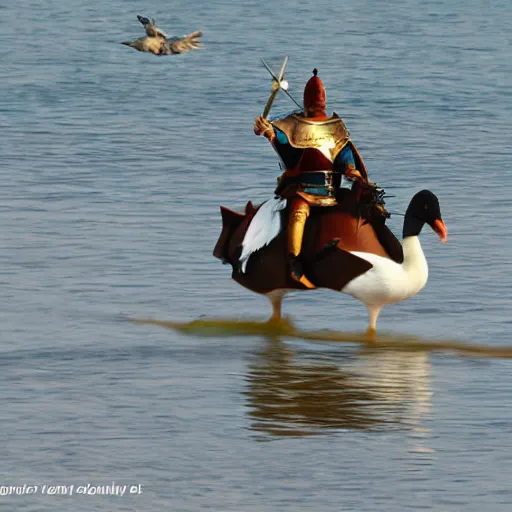 Prompt: crusader riding a goose into battle