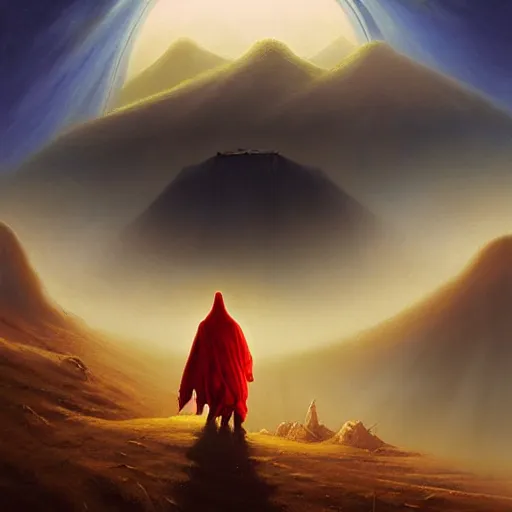 Prompt: a hooded mage walking on the hills while in the air there are clouds stars atmosferic ames eads casper david friedrich raphael lacoste vladimir kush tim white leis royo michael whelan bruce pennington volumetric light effect broad light oil painting painting fantasy art style sci - fi art style realism artwork unreal engine