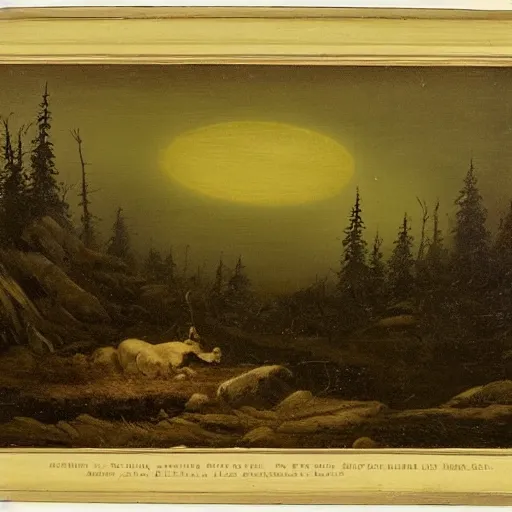 Prompt: hunter alone in the wilderness, midnight, dark boreal forest, 19th century