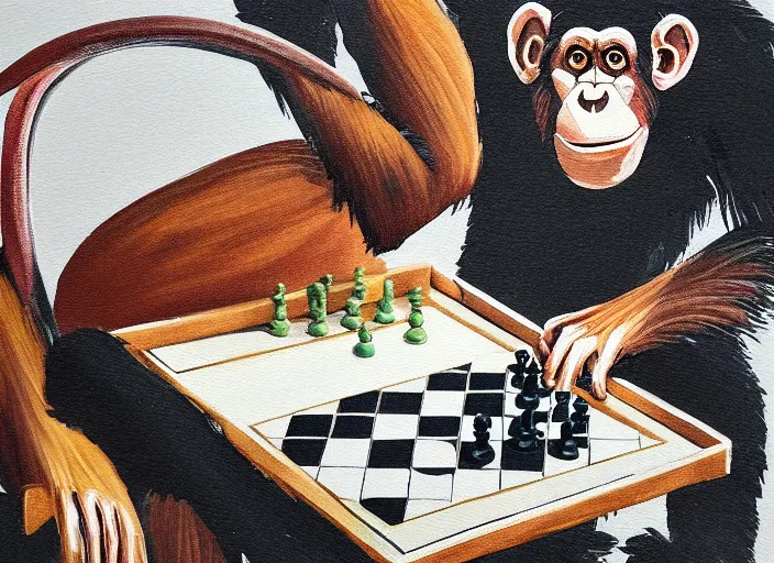 Image similar to a painting of a chimp playing chess in the style of donald roller wilson