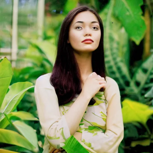 Prompt: a very beautiful!! young woman is posing for a photograph, petzval lens. symetric face. sharp face. in a tropical greenhouse. featured on flickr, art photography, photo taken with provia,