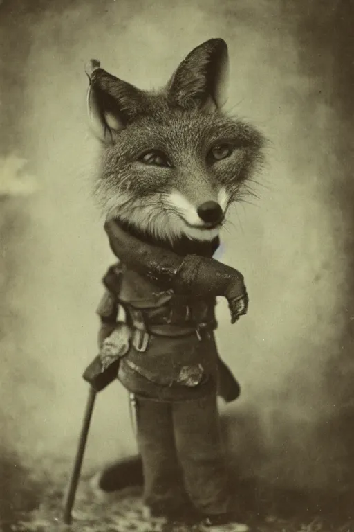 Image similar to a wet plate photo of an anthropomorphic fox dressed as robin hood