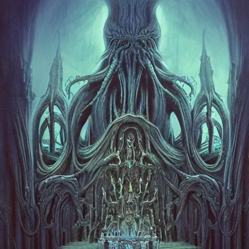 Image similar to monstrous and twisted cathedral with an altar that has a statue to many eyed veiny and four armed cthulhu, tentacles twisting in lotus position. in the style of hr giger and zdzisław beksinski and frank frazetta. blue glow, gloomy and misty. biomechanical oil painting horror