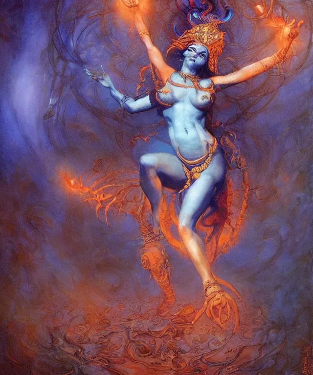 Image similar to blue shiva with dancing, glowing fiery background, in the style of peter mohrbacher, wayne barlowe, gustav moreau, bussiere, roberto ferri, santiago caruso, luis ricardo falero, austin osman spare, colorful