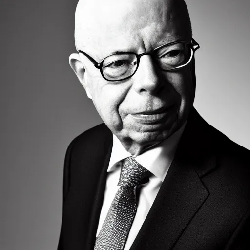 Image similar to klaus schwab, portrait photo, black and white, dramatic lighting