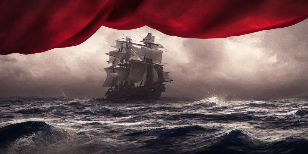 Image similar to a wooden big ship in the middle of the sea during a storm, turbulent sea, high coherence, highly detailed, high quality, 8 k, dramatic lighting, cinematic, epic scene, path traced, hyperrealistic, concept art, octane render, unreal engine 5, trending on artstation, a red cross in the ship flag, high contrast