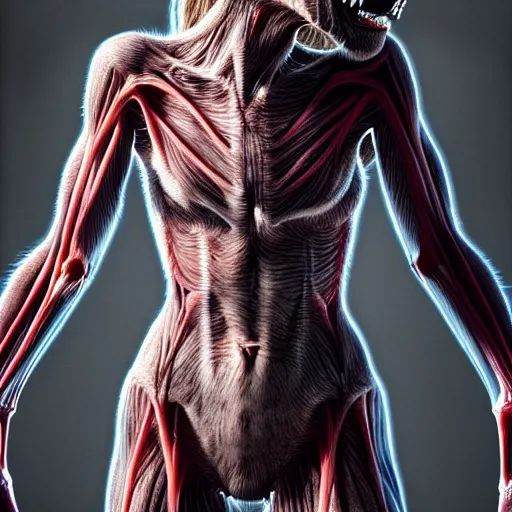 Prompt: female werewolf with translucent skin, visible muscles and veins and arteries and bones and spine and nerves, beautiful detailed intricate insanely detailed octane render, 8K artistic photography, photorealistic, chiaroscuro, by David Cronenberg, Raphael, Caravaggio