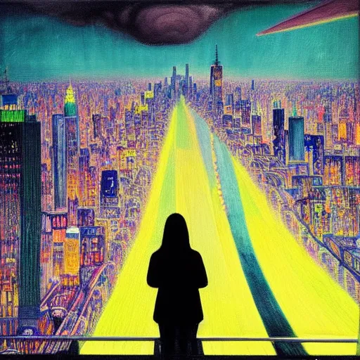 Image similar to “ a girl looking down at a futuristic new york city below, ghostpunk, neon lights, fog, storm clouds, rain, detailed face, oil painting, by jan toorop ”
