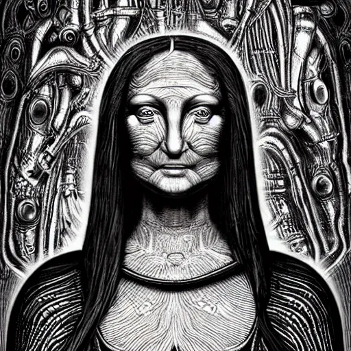 Image similar to monalisa in the style of H.R. GIGER!!!!!