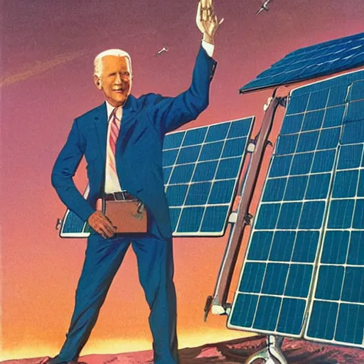 Image similar to solarpunk soviet propaganda of joe biden standing in front of solar panels by j. c. leyendecker, bosch, lisa frank, jon mcnaughton, and beksinski