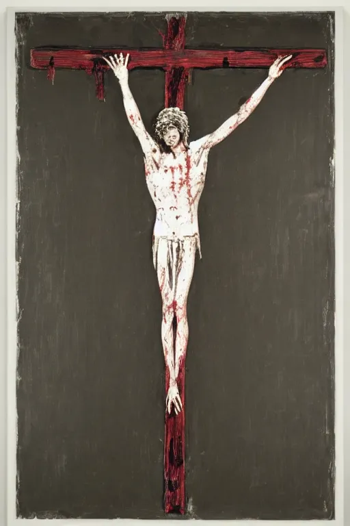 Prompt: bloody jesus christ crucified painted by cy twombly and andy warhol