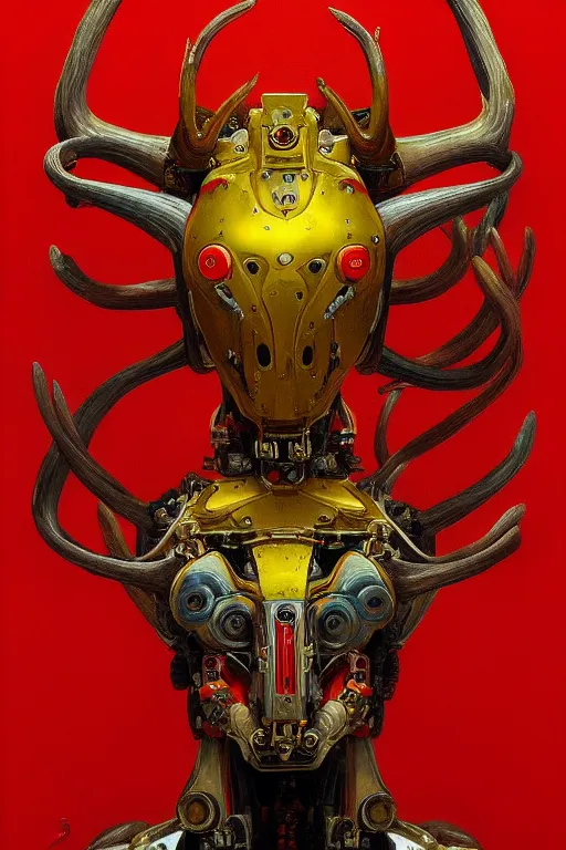 Prompt: portrait of a biomechanical mecha deer god, wearing red and yellow robes, in the style of nivanh chanthara, painted by zdzisław beksinski, artstation,