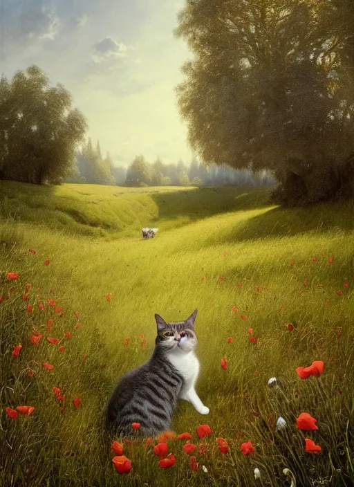 Image similar to the cat in the field from poppy and tulip, hyperrealism, no blur, 4 k resolution, ultra detailed, style of ivan shishkin, tyler edlin, tom bagshaw, arthur rackham