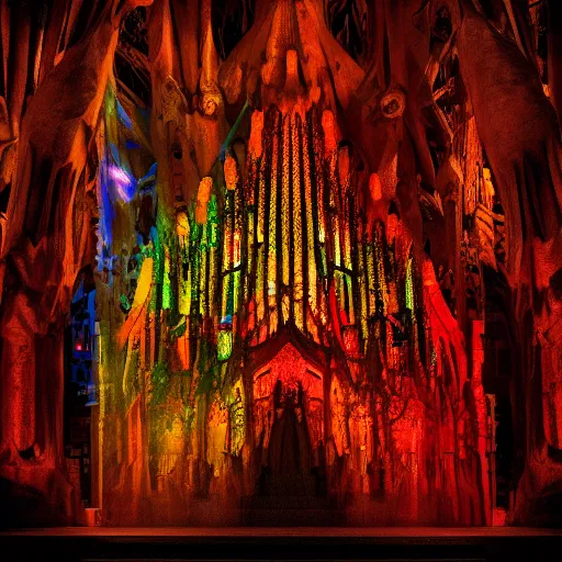 Image similar to glowing translucent theater stage in la sagrada familia, cyberpunk, dark room, science fiction magazine, cut up collage, 4 k close up, wide angle, polaroid 6 0 0