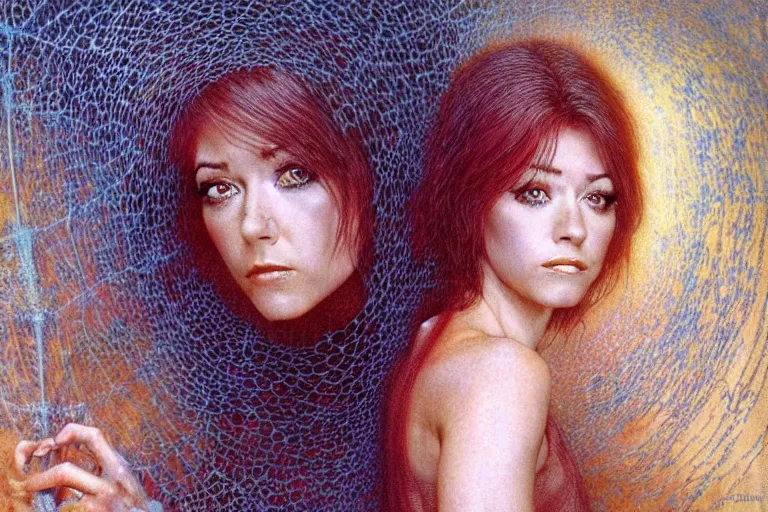 Image similar to cute young alyson hannigan with short hairs in cobweb by jean delville by luis royo and wayne barlowe, beksinski