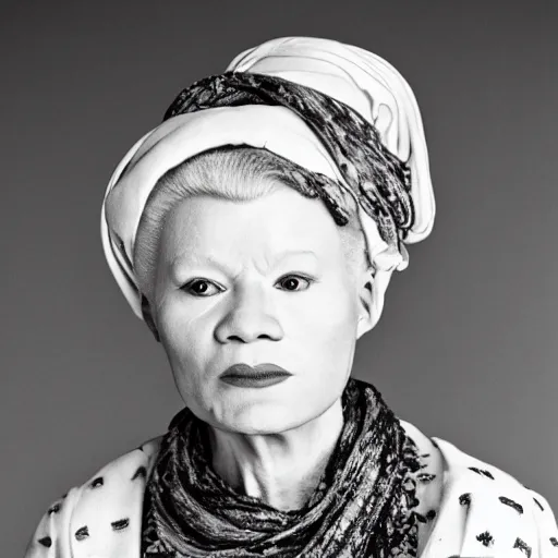 Image similar to UHD candid photo of Albino Aunt Jemima, accurate face, UHD, photorealistic, correct face, photo by Annie Leibowitz