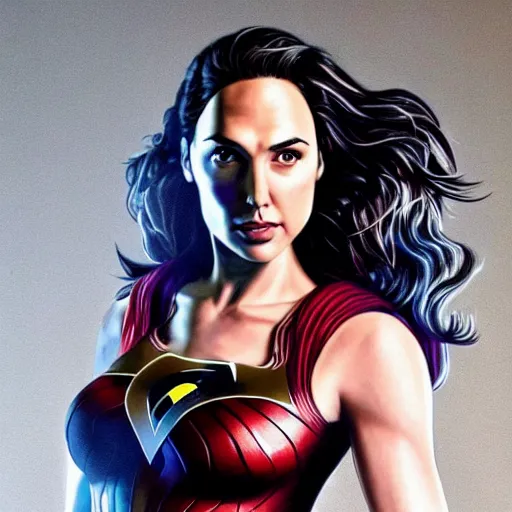 Prompt: an potrait of gal gadot cast of power girl, photorealistic, high detail, full body shot.