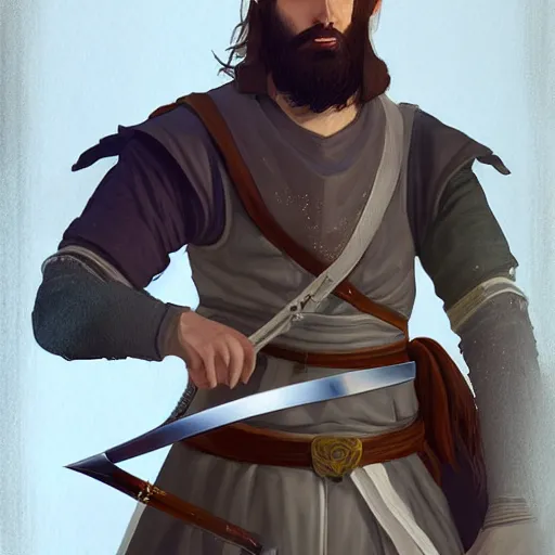 Prompt: portrait of a young medieval swordsman with a beard holding his sword highly detailed, digital painting, concept art, sharp focus, by makoto shinkai