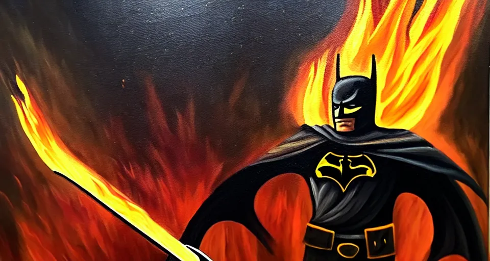 Prompt: An oil painting of a dark knight wielding a flaming sword