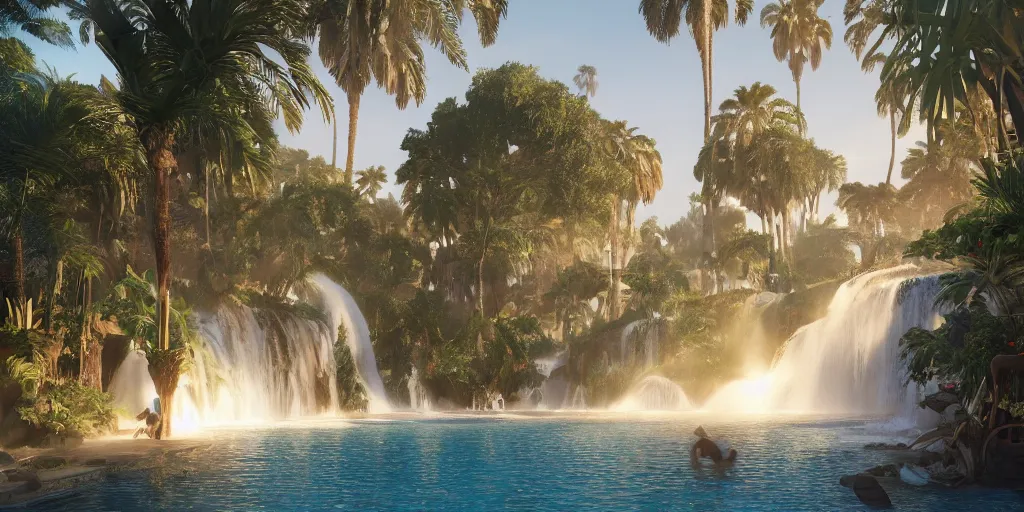 Image similar to beautiful oasis waterfalls surrounded by palm trees, moroccan tile archways, date trees, ivory towers, sun setting, ross tran, nephilim, pyroclastic flow, ethereal, fantasy, james jean, oozium, peter morbacher angelarium alchemy luxury heavenly light soft illumination, trending on artstation, cinematic lighting, digital painting, octane render, artgerm