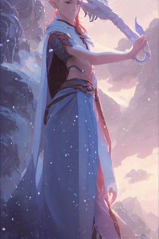 Image similar to elvish female sorcerer doing water magic spells, blue robes, red hair, finely detailed perfect face, exquisite details, mid view, design on a white background, by studio muti, greg rutkowski makoto shinkai takashi takeuchi studio ghibli