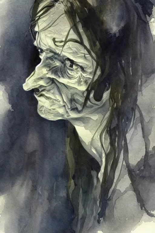 Image similar to beautiful clean water color painting of haunting, scary, portrait study by bernie wrightson, detailed, stunning, realistic