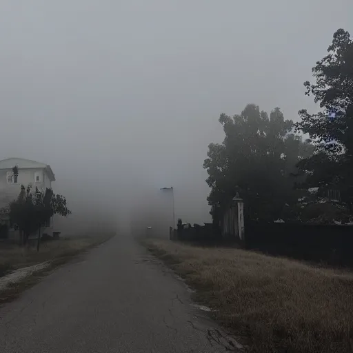 Prompt: creepy town covered in heavy fog with monsters in the distance