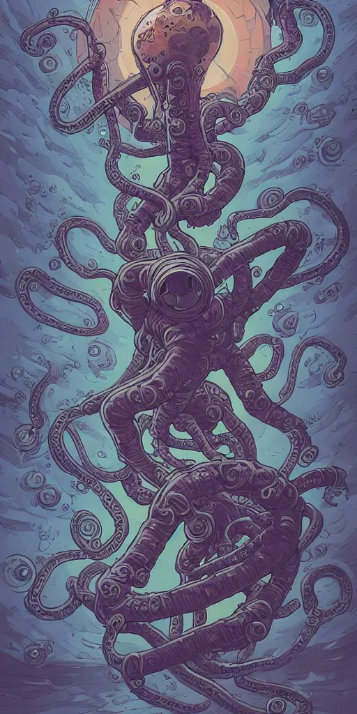 Image similar to eldritch astronaut with tentacle arms, style of james jean and laurie greasley and greg rutkowski, dynamic composition, dramatic lighting, hyper - realistic, ultra detailed, 8 k