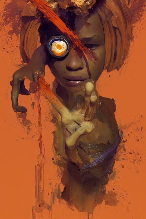 Image similar to epic 3 d straw masked omolu, liquid hands and feet spinning, 2 0 mm, with brown and orange mud melting smoothly into medicine and salves, intense, healing, intricate, houdini sidefx, trending on artstation, by jeremy mann and ilya kuvshinov, jamie hewlett and ayami kojima, 3 d bold