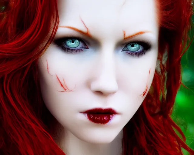 Image similar to award winning 5 5 mm close up face portrait photo of an anesthetic and beautiful redhead vampire lady who looks directly at the camera with bloodred wavy hair, intricate eyes that look like gems and long sharp fangs, in a park by luis royo. rule of thirds.