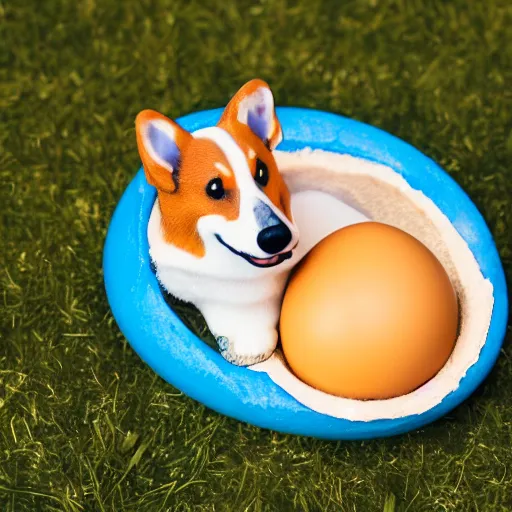 Image similar to corgi sleeping in an egg, realistic photography, high detailed