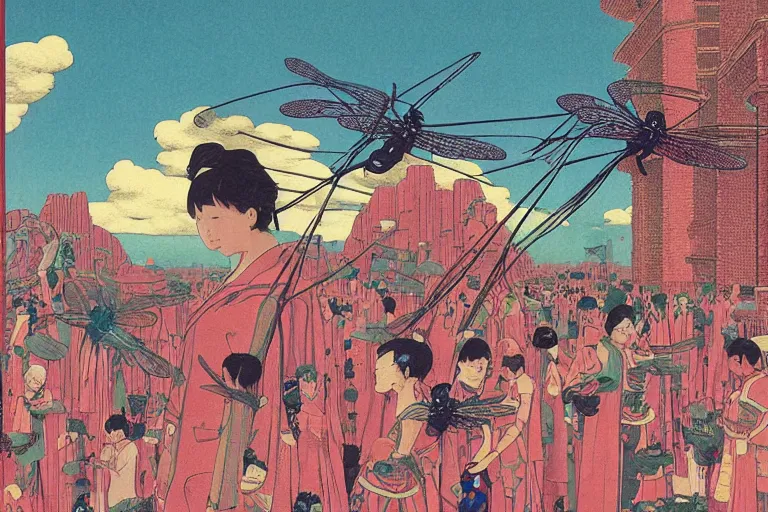 Image similar to gigantic dragonflies with human faces catch tiny robots, a lot of exotic mechas robots around, human heads everywhere, risograph by kawase hasui, dirtyrobot, edward hopper, satoshi kon and moebius, colorful flat surreal design, super - detailed, a lot of tiny details, fullshot