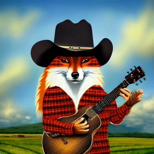 Image similar to a female fluffy anthropomorphic fox animal, head of fox, wearing cowboy hat, wearing plaid shirt, playing guitar, in a field, barn in background, album cover style