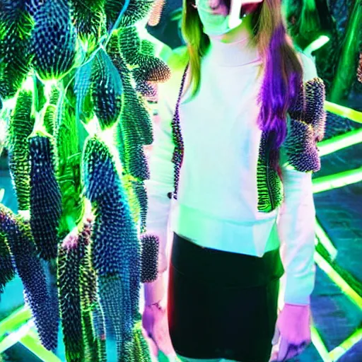 Image similar to very symmetrical fruits magazine steetwear photo of cute cool fashion worn by teens teens in the far future with glowing led lights and surrounded by plants, futuristic!!! haute couture fashion!!!!, nanotechnology and cybernetics!!! and solar power and prosthetic