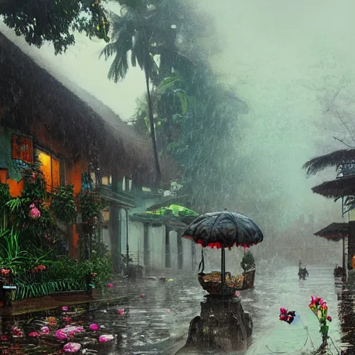 Prompt: monsoon on tropical island, ornate, beautiful, atmosphere, vibe, mist, smoke, fire, chimney, rain, wet, pristine, puddles, melting, dripping, snow, creek, lush, ice, bridge, forest, roses, flowers, by stanley artgerm lau, greg rutkowski, thomas kindkade, alphonse mucha, loish, norman rockwell