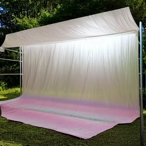 Image similar to a pastel coloured Polaroid photo of a luxurious sun bed and sun shade made of transparent iridescent perspex stood in a field, beams of light, nostalgic