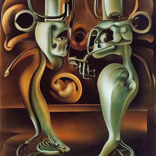 Prompt: Oil painting by Dali. Two mechanical gods with animal faces having a conversation. Oil painting by Hans Bellmer.