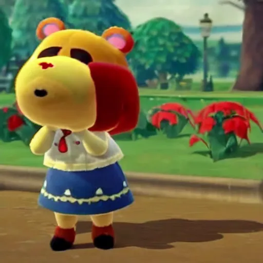 Image similar to A still of Isabelle from Animal Crossing in a lost footage horror movie, late 2000’s, low quality, vhs quality