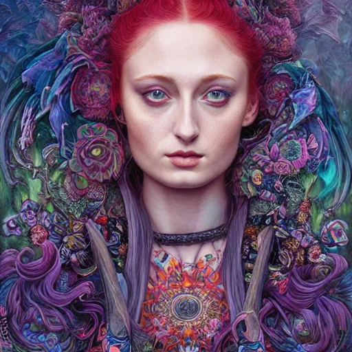 Image similar to portrait of sophie turner, hyper detailed masterpiece, neon floral pattern, jean giraud, digital art painting, darkwave goth aesthetic, psychedelic, artgerm, donato giancola and tom bagshaw