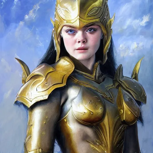 Prompt: ultra realistic medium shot portrait painting of elle fanning wearing golden valkyrie armor, art by frank frazetta, 4 k, ultra realistic, highly detailed, epic lighting