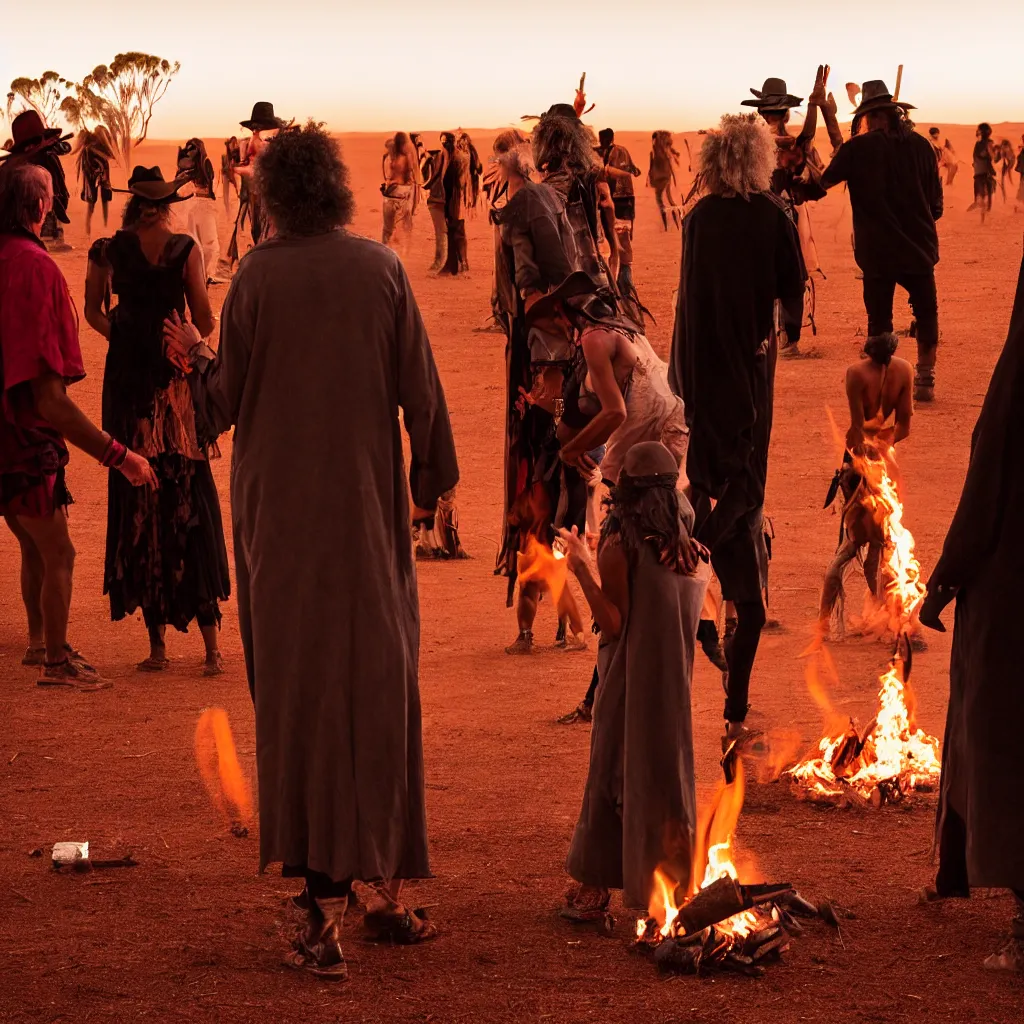 Image similar to atmospheric photograph of three ravers, two men, one woman, woman is in a trenchcoat, blessing the soil at night, seen from behind, people facing fire circle, two aboriginal elders, dancefloor kismet, diverse costumes, clean composition, desert transition area, bonfire, atmospheric night, australian desert, symmetry, sony a 7 r