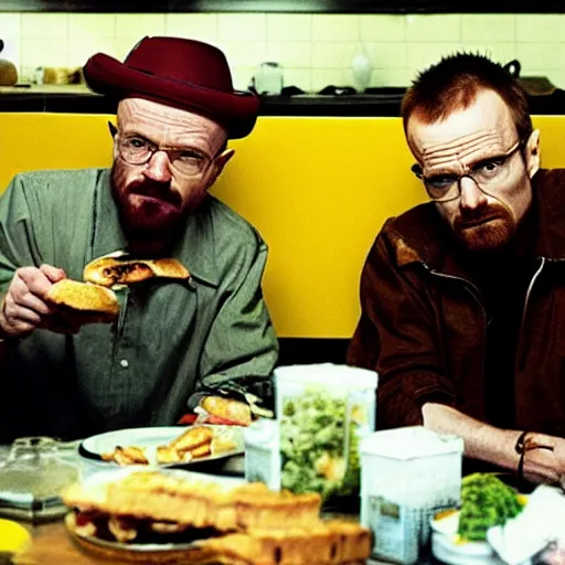 Image similar to walter white and jesse pinkman eating hamburger