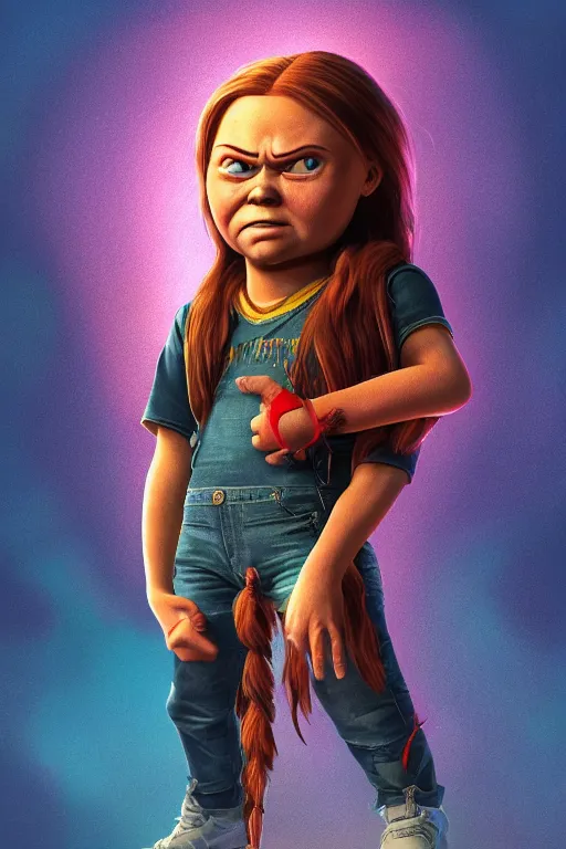 Image similar to greta thunberg as chucky, vivid colors, high details, cinematic, 8k resolution, beautiful detailed, photorealistic, digital painting, artstation, concept art, smooth, sharp focus, illustration, fantasy background, artstation trending, octane render, unreal engine