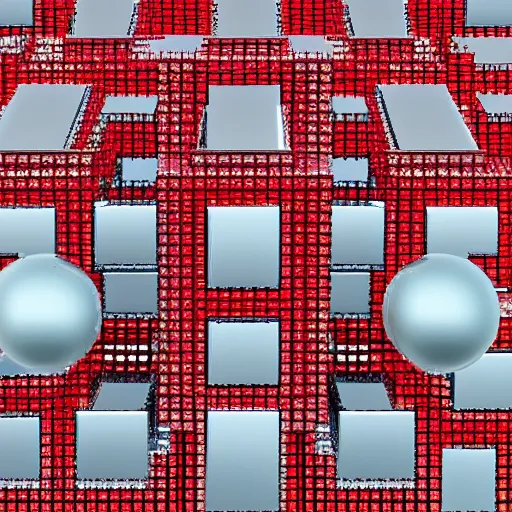 Prompt: chrome spheres on a red cube, 16 bit